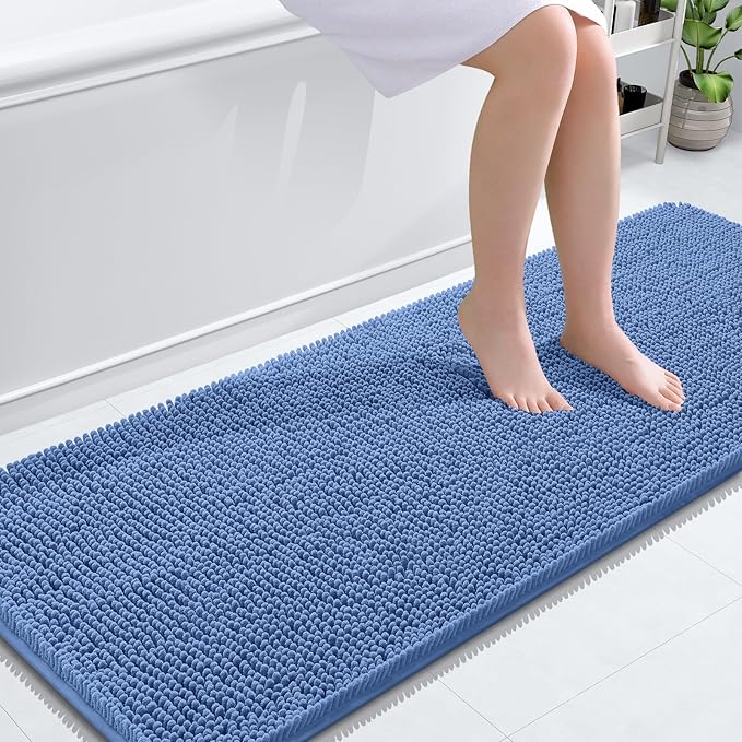 OLANLY Bathroom Rugs 59x24, Extra Soft Absorbent Chenille Bath Rugs, Rubber Backing Quick Dry, Machine Washable Bath Mats for Bathroom Floor, Tub and Shower, Home Decor Accessories, Cornflower Blue