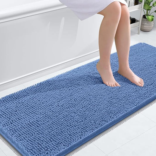OLANLY Bathroom Rugs 59x24, Extra Soft Absorbent Chenille Bath Rugs, Rubber Backing Quick Dry, Machine Washable Bath Mats for Bathroom Floor, Tub and Shower, Home Decor Accessories, Cornflower Blue