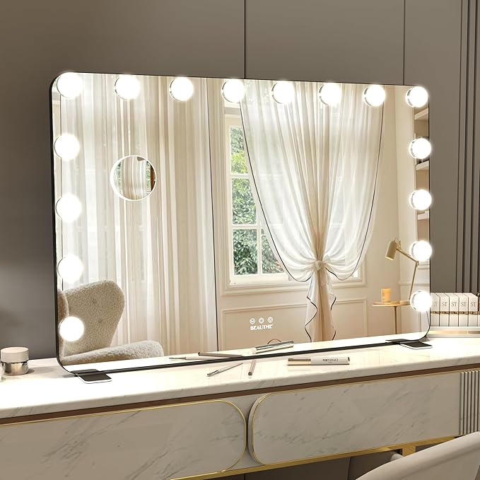 BEAUTME Large Vanity Mirror with Lights, 36''×24'' Makeup Mirror, Light up Mirror with 16 Dimmable LED Lights and 10X Magnification, 3 Lighting Modes, Touch Control