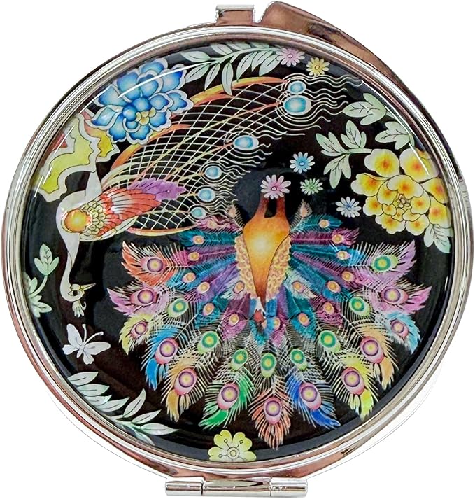 Portable Makeup Compact Double Magnifying Mirror Cosmestic Foldable Pocket Style Unique Mother of Pearl Design (Peacock)