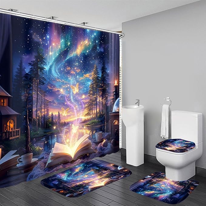 4Pcs Book Forest Starry Shower Curtain Sets with Non-Slip Rugs,Toilet Lid Cover and Bath Mat,Aurora Pattern Home Bathroom Decor Set Accessories Waterproof Shower Curtains with 12 Hooks,72 x 72 Inch