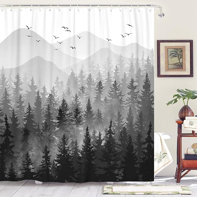 84 Inch Extra Long Black and White Misty Forest Shower Curtain Ombre Dark Gray Mountain Pine Tree Waterproof Fabric Shower Curtains for Bathroom Grey Nature Woodland Decorative Bath Curtain Decor