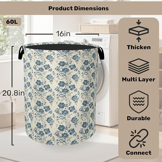 Beige Navy Blue Flowers Laundry Basket - Heavy Duty 60L Dirty Clothes Organizer, Water Resistant Foldable Hamper for Men Women