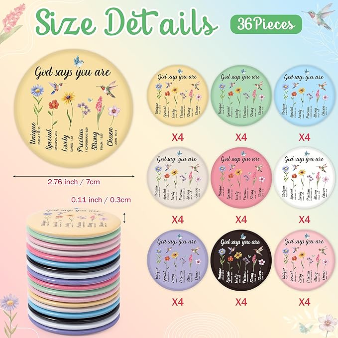 Y1tvei Bible Verse Mirrors Christian Gifts for Women - 36Pcs Scripture Inspirational Mini Compact Mirrors, Round Portable Pocket Makeup Mirrors for Purse Religious Church Birthday Party Favors Decor