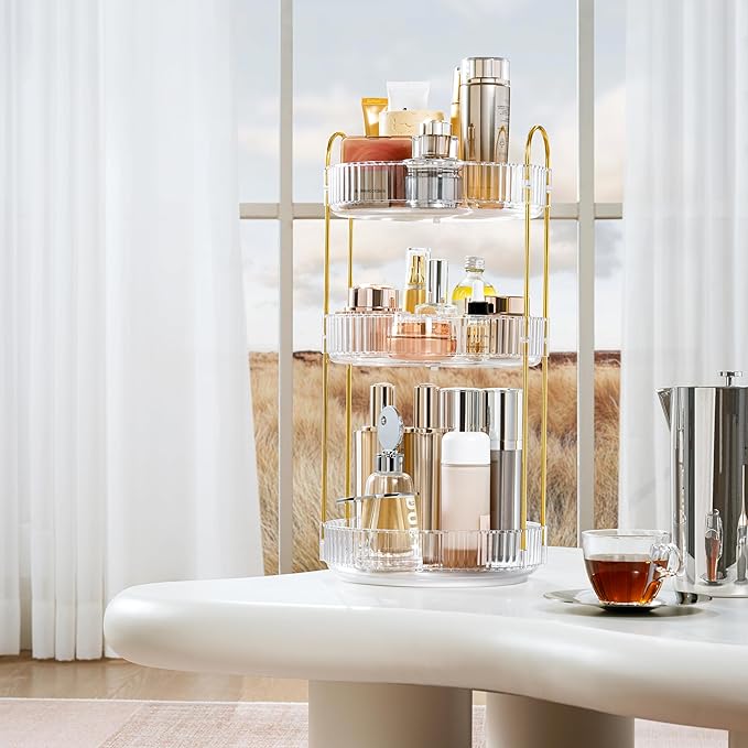 360-Degree Rotating Makeup Organizer, Cosmetic Storage Display Case for Bathroom Vanity Countertop, Skincare and Perfume Storage Organizers, Jewelry Dresser Organizer, 3-Tier, Clear