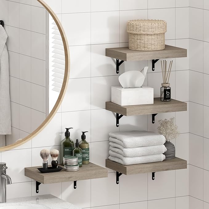 Furinno Tanna Floating Shelves for Wall Set of 4, 15-Inch Bathroom Wall Shelf, Wall Mounted Shelf, for Bathroom Organizers and Storage, Living Room, Natural