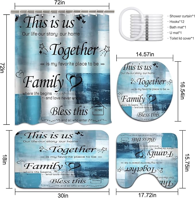 Lnond 4Pcs Bathroom Shower Curtain Sets with Rugs, Blue Motivational Home Family Bathroom Sets with Shower Curtain and Rugs and Accessories