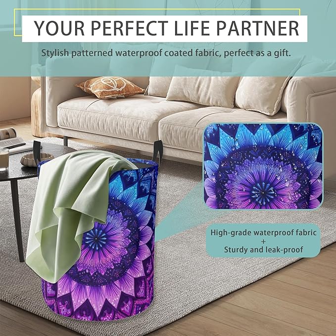 Laundry Hamper Foldable Oxford Cloth Mandala Flower Laundry Basket With Handle Portable Clothes Storage Organizer Basket Storage Bag For Laundry Room/Bedroom/Bathroom