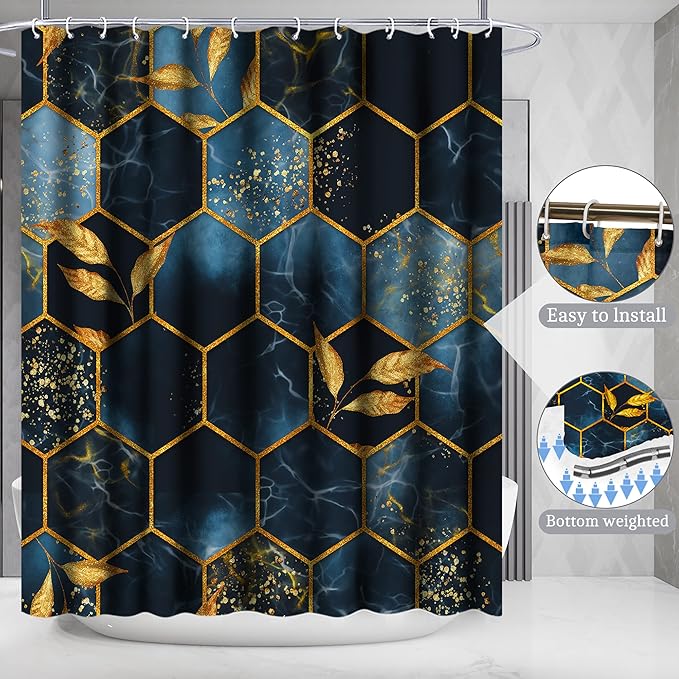 Poedist 4 Pcs Bathroom Shower Curtain Set,Bathroom Sets with Rugs(Bath Mat,U Shape and Toilet Lid Cover Mat) and 12 Hooks,Black and Blue Honeycomb Marble