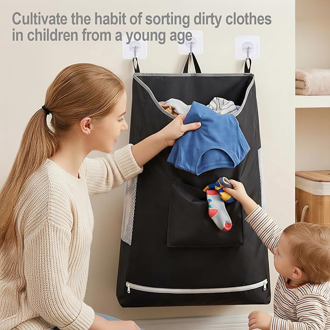 Hanging Laundry Hamper Bag, Extra Large Storage Space (30"x21"x4"), with 6 Hooks, Suitable for Dirty Clothes Storage, Wall Mounted and Door Mounted Laundry Basket