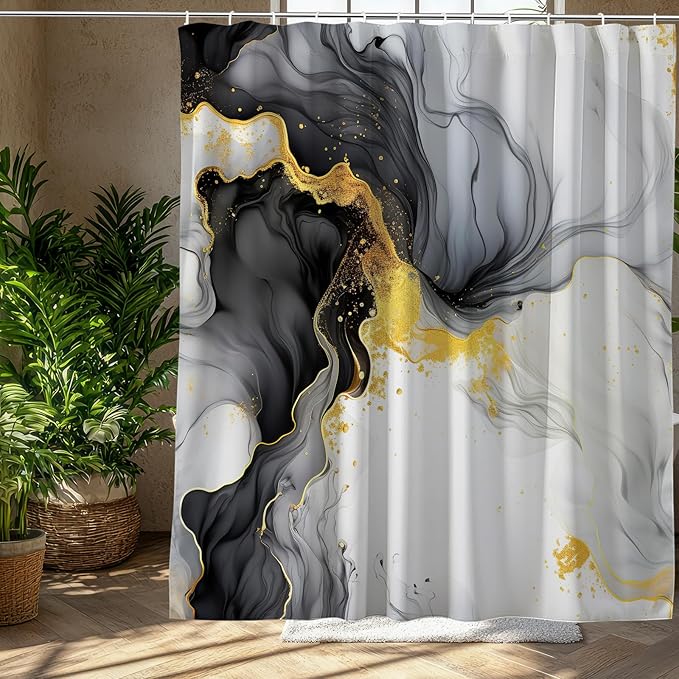 Black and Gold Marble Shower Curtain Abstract Ink Texture Modern Ombre,Neutral Luxury Fabric Shower Curtains for Bathroom Decor 72x72 Inch