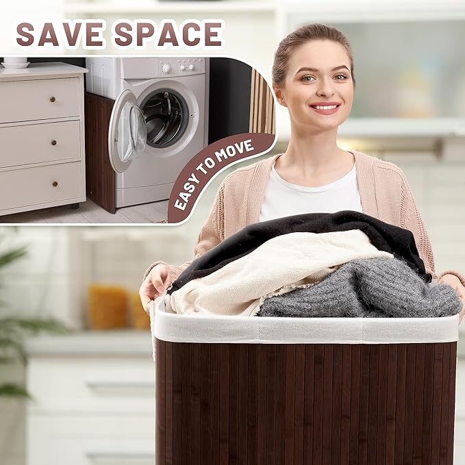 Aliphon 150L Laundry Hamper with lid, 3-Section Clothes Laundry Basket with Handles, Large Collapsible Bamboo Baskets for Bedroom, Bathroom, Dorm, Brown
