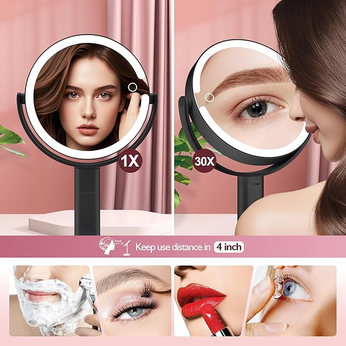 MOMOKUBA Makeup Mirror with Lights, 30X Magnifying & Height Adjustable, Lighted Magnifying Mirror with 3 Light Modes and Stepless Dimming, Vanity Mirrors for Bathroom, Birthday Gift for Women, Black