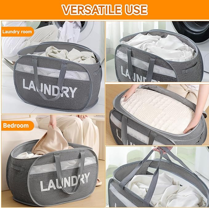 Foldable Laundry Basket with Zipper Lid, Reinforced Steel Ring Collapsible laundry hamper, 70L Breathable Mesh Dirty clothes hamper with Dual Handles for Home, Dorm, Apartment,Bedroom
