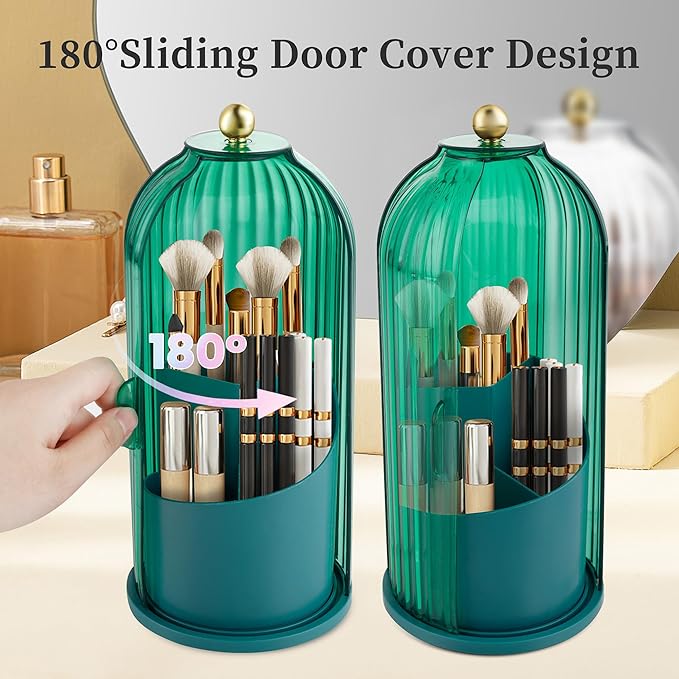 Makeup Brush Holder Organizer, 360 Rotating Makeup Brush Holder, Dustproof Waterproof Material & with 3 Compartments for Organized Storage, Dressing Tables Clear Storage Skincare Cosmetic (Green)