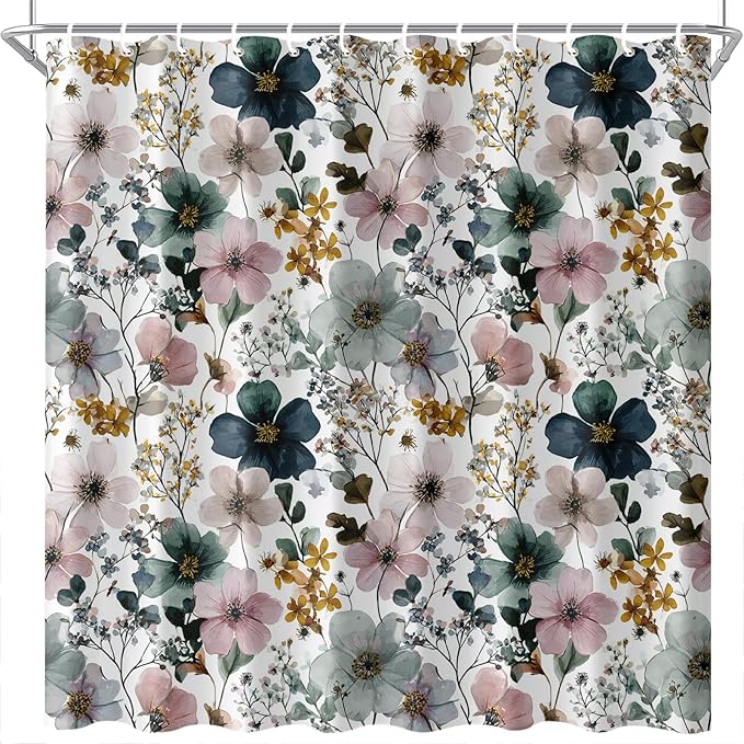 Watercolor Floral Shower Curtain 72x72 Inch Elegant Hand Painted Flower Print Bathroom Curtain Fabric for Vintage or Modern Decor