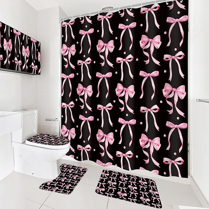 Cinbloo 4Pcs Black Pink Bow Shower Curtain Set, Retro Coquette Vintage Girly Preppy Cute Fashion Pretty Sweet Bathroom Curtain with Rug, Toilet Lid Cover, Bath Mat, Girls Shower Curtain with 12 Hooks