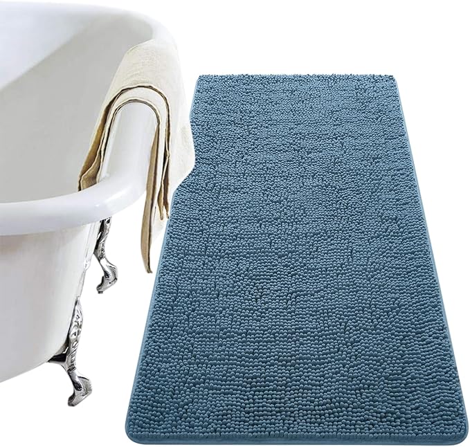 LOCHAS Luxury Bathroom Rug Shaggy Bath Mat 24 x 48 Inch, Washable Non Slip Bath Rugs for Bathroom Shower, Soft Plush Chenille Absorbent Carpets Mats, Denim Blue
