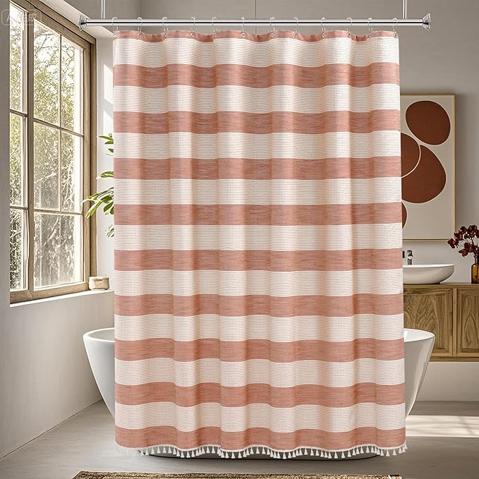Boho Farmhouse Thick Shower Curtain with Tassels, Rustic Rusty Red Cotton Linen Soft Fabric Shower Curtain Water Repellent, Shabby Chic Heavyweight Striped Shower Curtains for Bathroom
