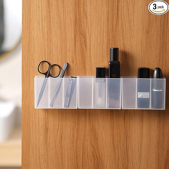 3PCS Mini Wall Mount Storage Box, 3 Compartment Transparent Plastic Makeup Brush Lipstick Holder Self-Adhesive Pen Holder Makeup Organizer for Home Office