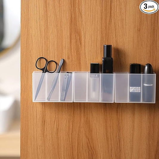 3PCS Mini Wall Mount Storage Box, 3 Compartment Transparent Plastic Makeup Brush Lipstick Holder Self-Adhesive Pen Holder Makeup Organizer for Home Office