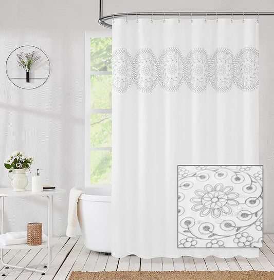 Jubilantex Grey and White Embroidered Shower Curtain Fabric for Bathroom, Farmhouse Boho Floral Rustic Chic Decorative Waterproof Bath Room Shower Curtain for Spa Hotel, 70x72 Inches, Gray