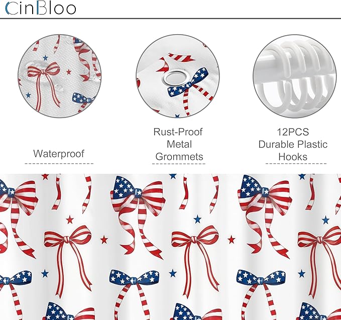 Cinbloo 4Pcs Independence Day 4th of July Shower Curtain Set, Red Blue Bow Coquette Patriotic USA American Flag Bathroom Curtain with Rug, Toilet Lid Cover, Bath Mat, Cute Shower Curtain with 12 Hooks