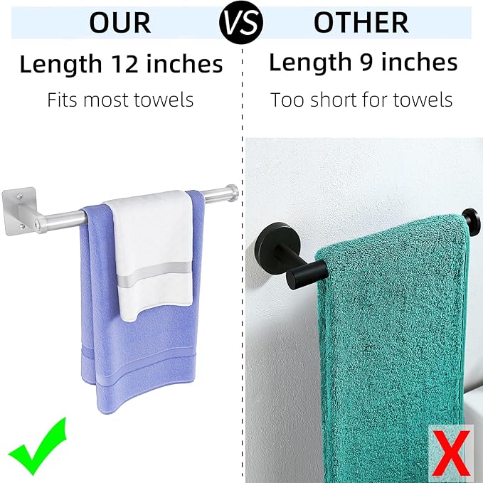 12 Inch Hand Towel Holder, Thicken Stainless Steel Towel Ring for Bathroom Wall Mounted, Heavy Duty Hand Towel Bar Organizer, Modern Home Decor Towel Rack, Brushed Silver Single Rod