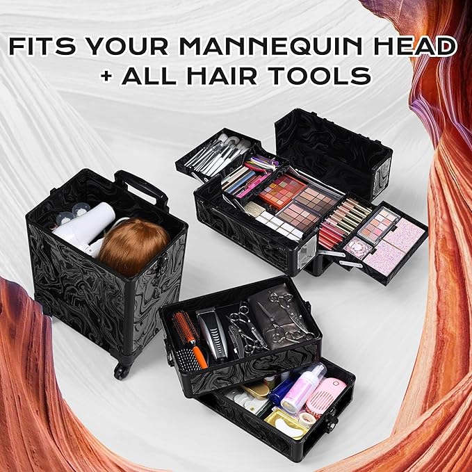 BYOOTIQUE Rolling Makeup Train Case on Wheels 4in1 Cosmetology Profesional Travel Cosmetic Bag Lockable Organizer Box for Hairstylist Artist Nail Beauty Salon Barber,CoyoteButtes Shadows