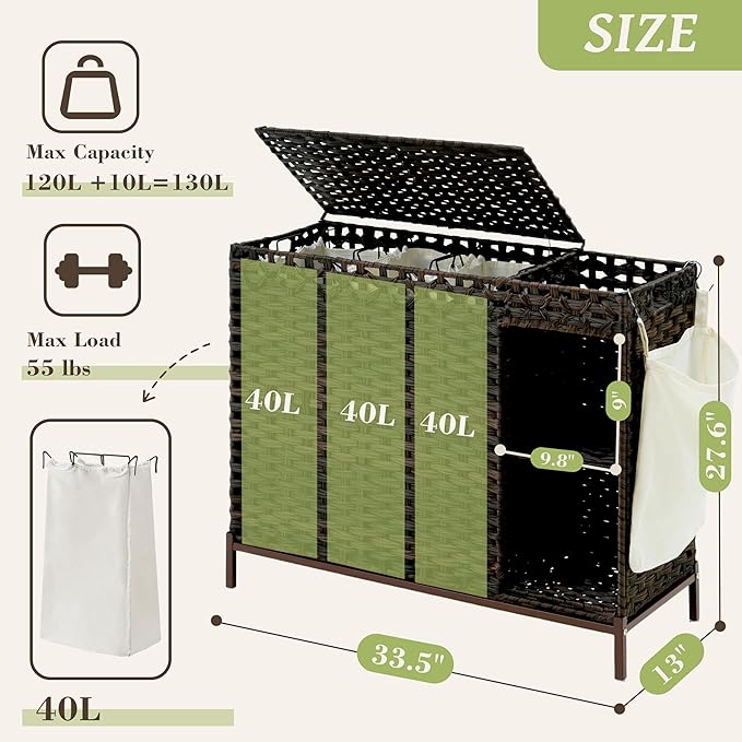 Gitelsnour Laundry Hamper with Lid, 130L(34.4 Gal) Rattan Laundry Hamper 3 Section with 50L (13.2 Gal) Storage Shelf, Wicker Woven Laundry Sorter Basket with 4 Liner Bags and Handles, Brown GLH003BR