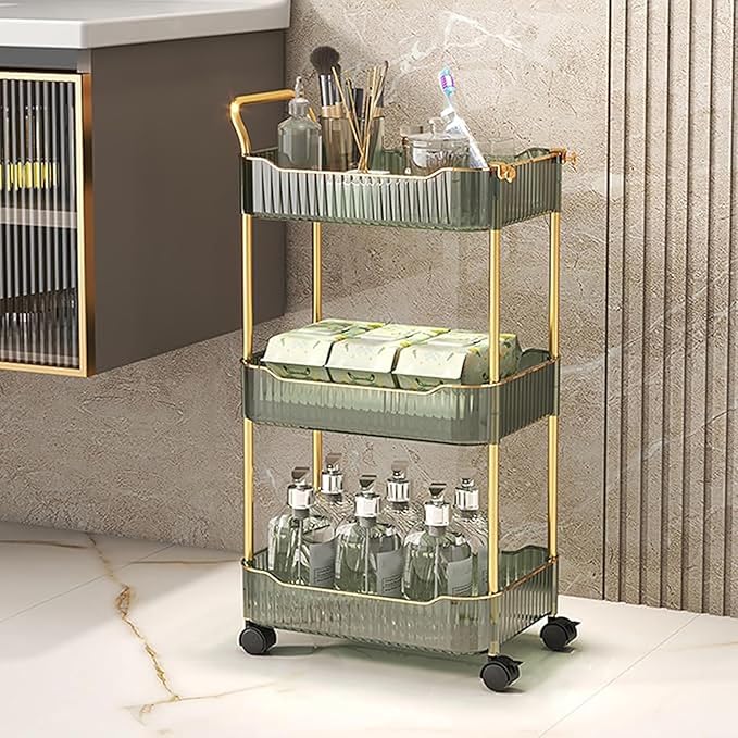 Acrylic Storage Trolley, Laundry Room Organization Mobile Shelves Bathroom Kitchen Rolling Utility Cart with Handle and Lockable Wheel(Green,14.1x10.2x27.1inch)