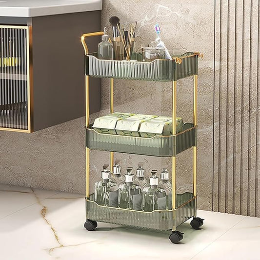 Acrylic Storage Trolley, Laundry Room Organization Mobile Shelves Bathroom Kitchen Rolling Utility Cart with Handle and Lockable Wheel(Green,14.1x10.2x27.1inch)