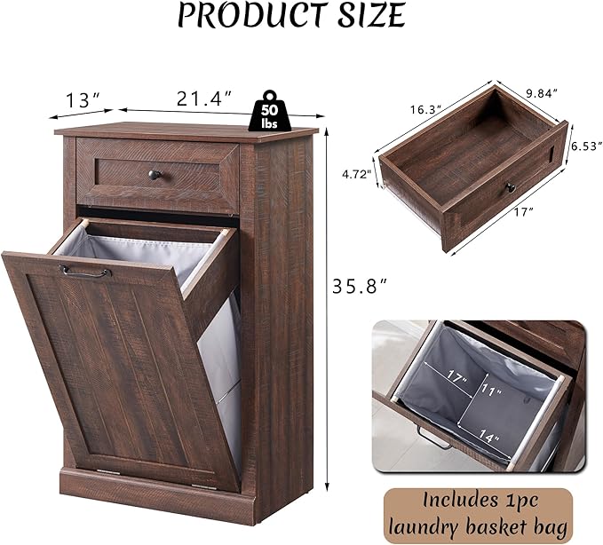 IFBUY Tilt Out Laundry Hamper Cabinet, 10 Gallon Farmhouse Trash Can Cabinet with Drawer, Hidden Wood Garbage Can Bin Cabinet with Laundry Storage Basket for Bathroom, Kitchen, Brown