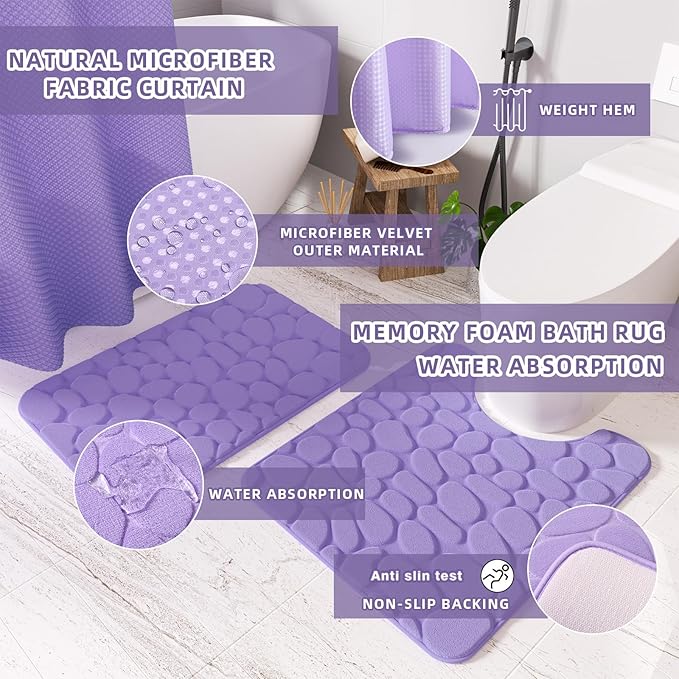 XLHOMO Bathroom Accessories Set - 25PC Bathroom Sets with Shower Curtain and Rugs, Purple Bathroom Accessories with Trash Can, Soap Dispenser, Soap Dish & Toilet Brush