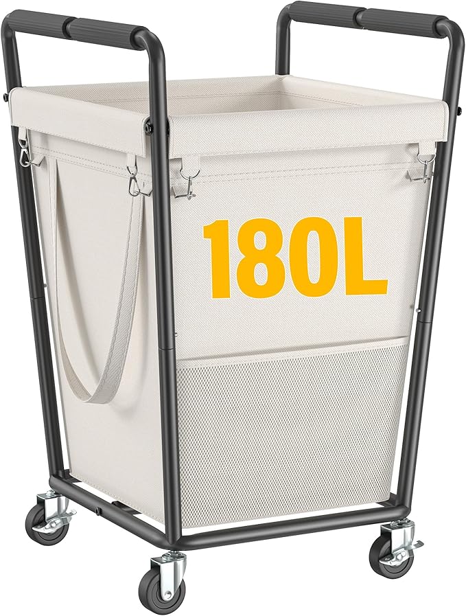 180L Laundry Basket with Wheels & Handles, Laundry Cart with Removable Bag & Metal Frame for Clothes Storage, Hamper with Wheels for Laundry Room, Bathroom, Dorm, Home, Closet (Beige)