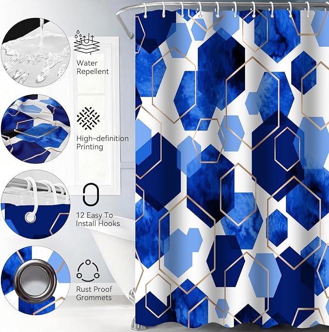 Muuyi 4Pcs Blue White Geometric Shower Curtain Set, Neutral Modern Art Deco Shower Curtain with Hooks, Elegant Trendy Simple Bathroom Sets with Shower Curtain and Rugs, 71 * 71in