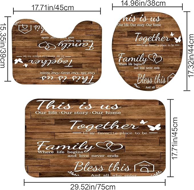 juwute 4Pcs Family Shower Curtain Sets with Non-Slip Rugs, Toilet Lid Cover and Bath Mat, Brown Home Bathroom Decor Set Accessories Waterproof Shower Curtains with 12 Hooks, 72 x 72 Inch