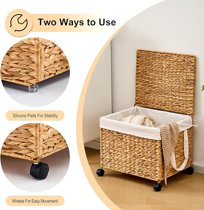 Rolling Hand-woven Laundry Hamper with Lid, Laundry Basket with Wheels for Laundry Room (Espresso, 60L)