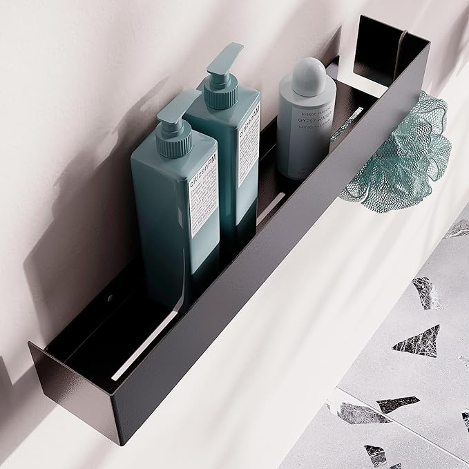 Modern Black Metal Floating Shelf for Bathroom & Kitchen – 20" Minimalist Wall Shelf with Powder-Coated Finish, No-Drill or Screw Mount, European-Made Stylish Organizer for Tiles & Walls
