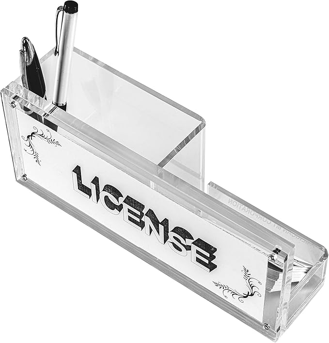 AMT CLEAR Acrylic Make Up Organizer, Business License Frame for Cosmetology or Other Businesses, Makeup Brush Holder, Pen Holder,Business Card Display (Pink)