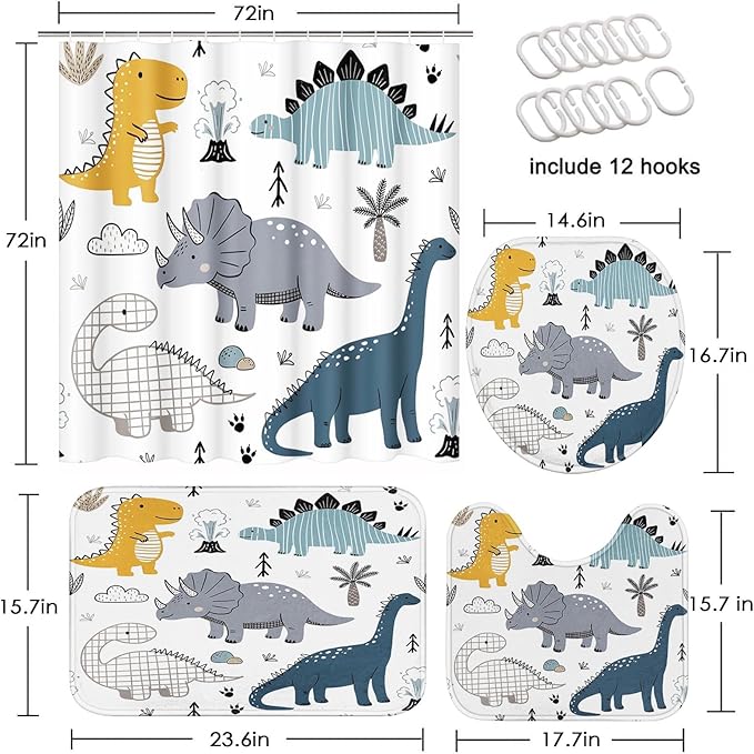 ArtSocket Dinosaur Bathroom Set with Shower Curtain and Rugs Accessories, Cute Kids Dino Dragon Shower Curtain, Kids Dinosaur Bathroom Decor 4 Pcs