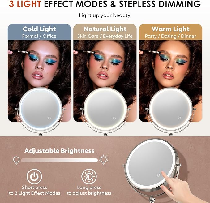 ZLOKLA 9" Wall Mounted Lighted Makeup Mirror,4000mAh Rechargeable Double Sided 1X/20X Magnifying Mirror with Light,Touch Dimmable,Extended Arm 360 Rotation Wall Mounted Makeup Mirror 3 Color Lights-N