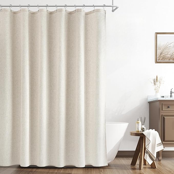 Naturoom Extra Long Linen Shower Curtain 88 Inch Long Weighted Thick Fabric Bath Shower Curtain Set with Hooks, XLong Tall Country Farmhouse Beige Curtains for Bathroom, 72x88