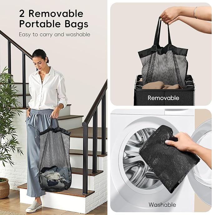 150L Double Laundry Hamper With Lid, Large Clothes Hampers with Removable Bag, Laundry Hamper 2 Section for Bathroom, Bedroom, Laundry Room, Dorm, Black