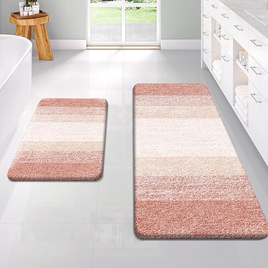 OLANLY Bathroom Rug Set 2 Piece, Soft Absorbent Microfiber Bath Rug Set, Non-Slip, Machine Wash Dry, Plush Shaggy Bath Mats for Bathroom (47"x20"+24"x16", Peach)