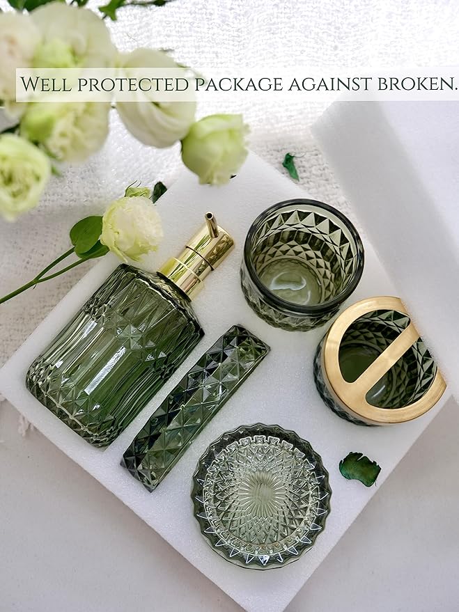 LaMarriti Green Bathroom Accessories Set, 5Pcs Clear Glass Bathroom Set Accessories, Soap Dispenser, Soap Dish, Toothbrush Holder Set, Tumbler, Qtips Holder for Vintage Crystal Bath Decor
