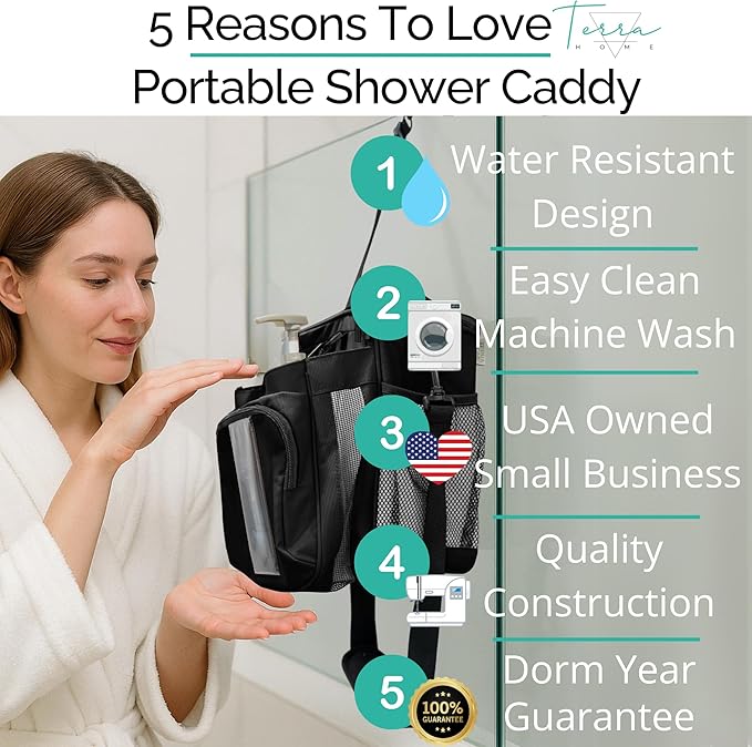 TERRA HOME Portable XL Shower Caddy Bag - College Dorm Room Essentials for Men, Women, Students - Foldable, Water Resistant with Hanging Keychain Hook and Shoulder Strap Shower Organizer Bag (Black)