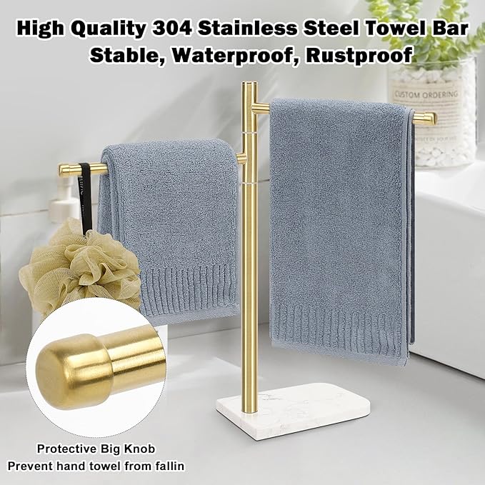 Standing Hand Towel Holder, Hand Towel Stand with Marble Base, 304 Stainless Steel Towel Rack with 2 Swivel Arm, Countertop Stand Towel Ring Towel Bar for Bathroom (Gold)