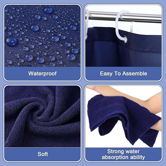 Fanfanwin 3 Pcs Bathroom Curtain Sets with Shower Rug and Towel Waterproof Shower Curtain Non Slip Bathroom Rug Bath Mat Soft Hand Towel with 12 Hooks for Hotel Decor(Navy Blue)