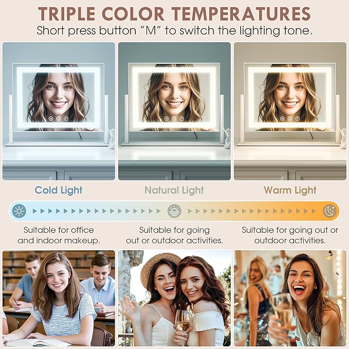 Vanity Mirror with Lights, LED Makeup Mirror, Light Up Vanity Mirror with 3 Colors Dimmable Strip Light, Dimming Touch Sensor, Detachable 15X Spot Magnifying, 360 Rotation (White)